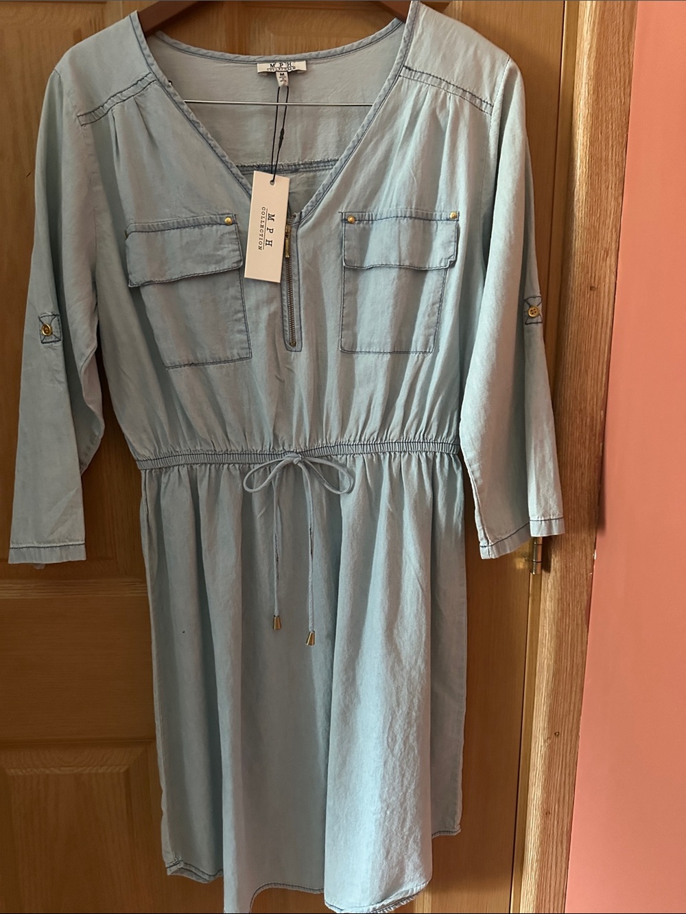 Light Blue Drawstring Waist V‑Neck Midi Dress by MNG